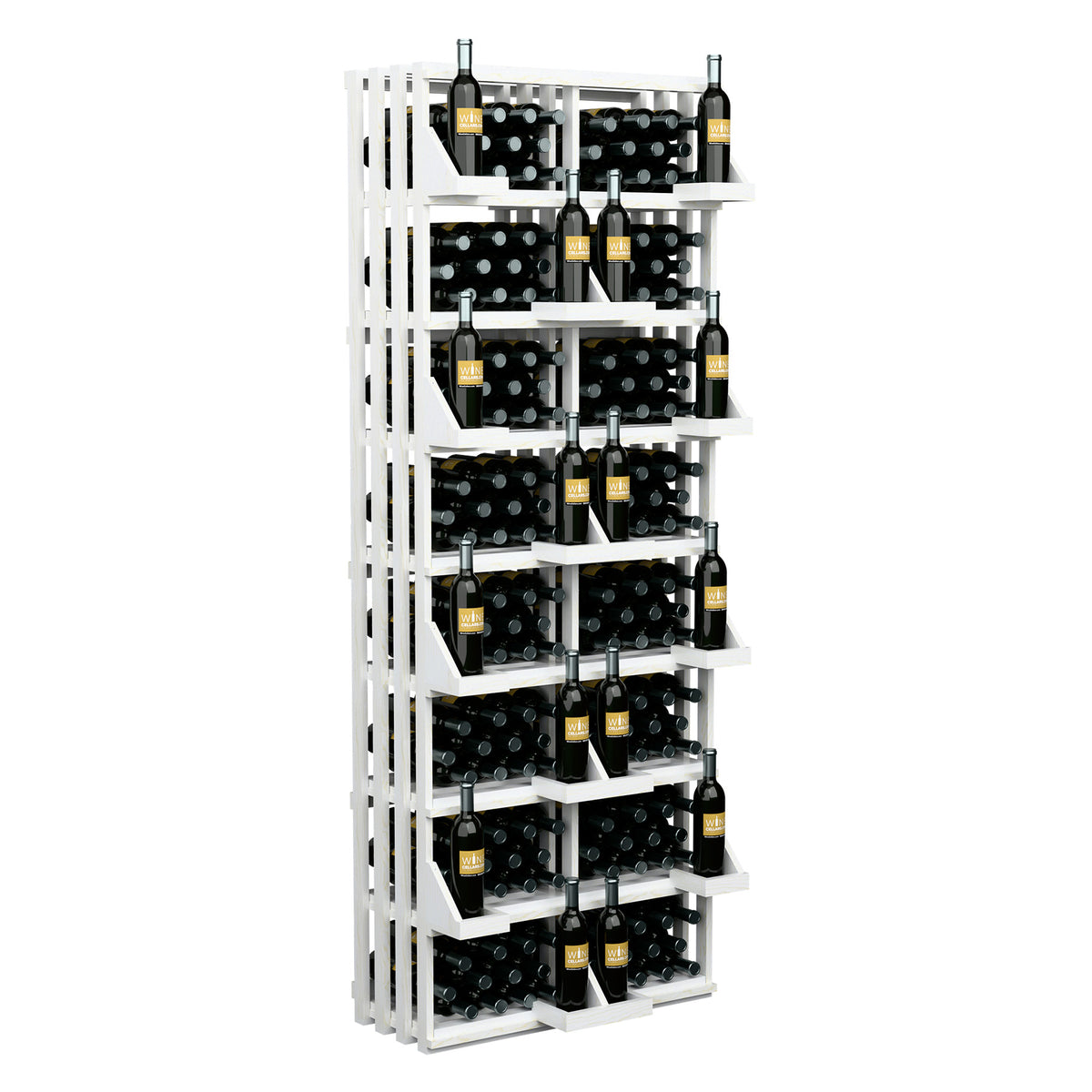 White wood wine bottle display rack with open cubby shelves for bottles