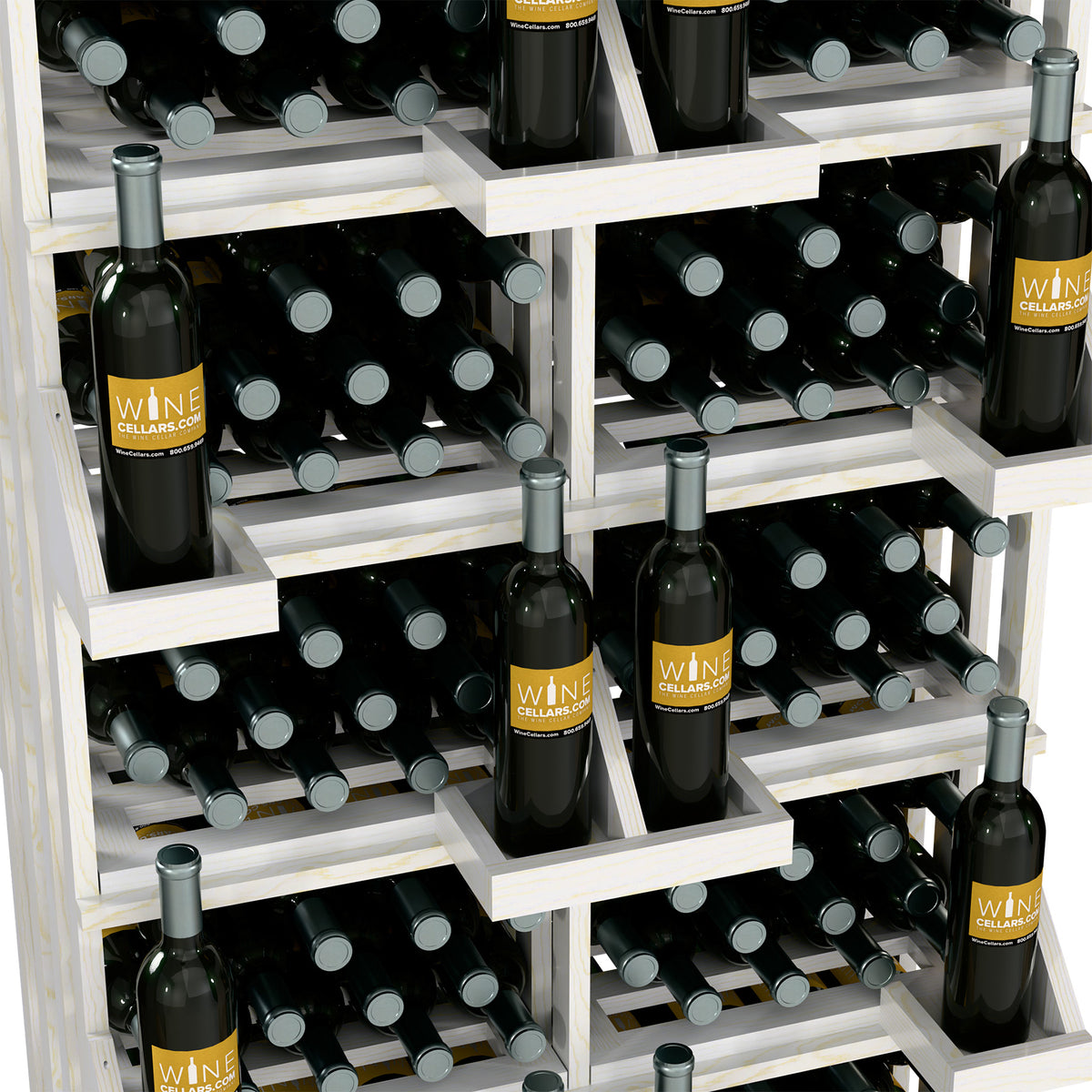 Light wood wall wine bottle display with open bulk bins and stacked bottle shelves