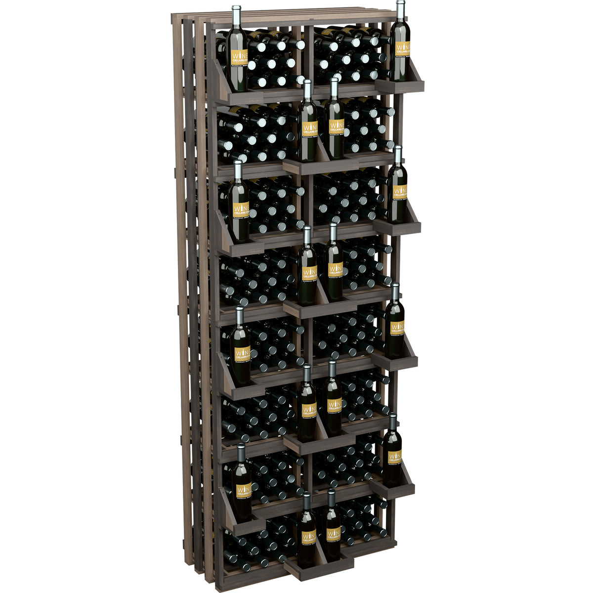 Dark-stained wood wine bottle wall display with tiered racks for bottles
