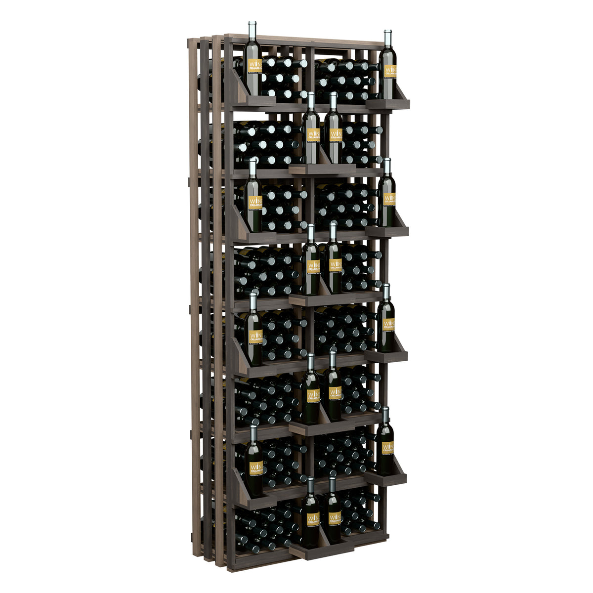 Dark wood 208-bottle wall display with tiered wine bottle cradles and bulk bins