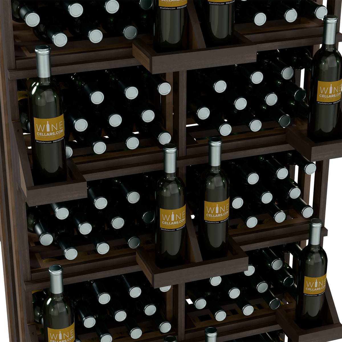 Close-up of wine bottle wall display with stacked wooden shelves and bottle bays