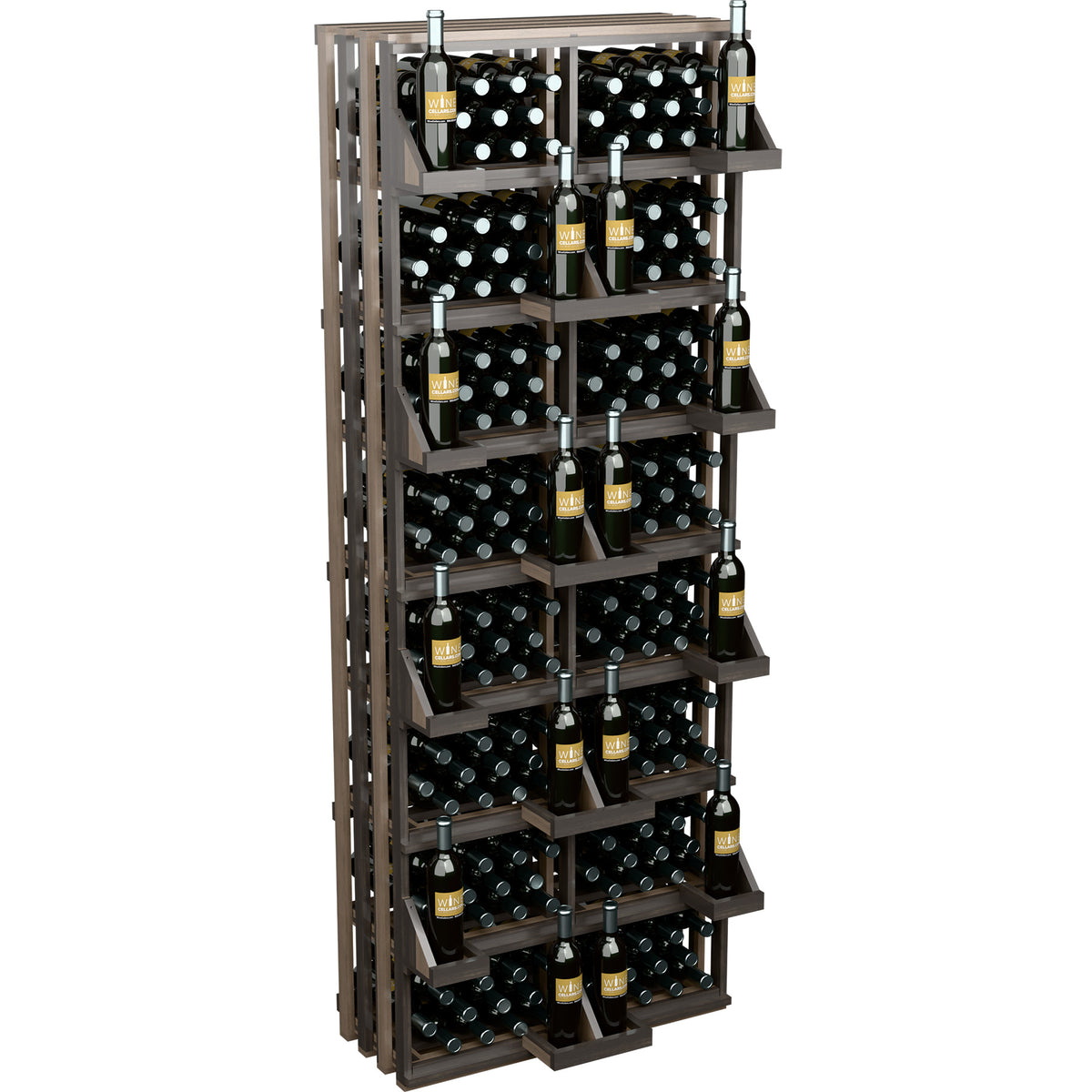 Wood wine bottle wall display rack with multiple tier bins and front bottle rows