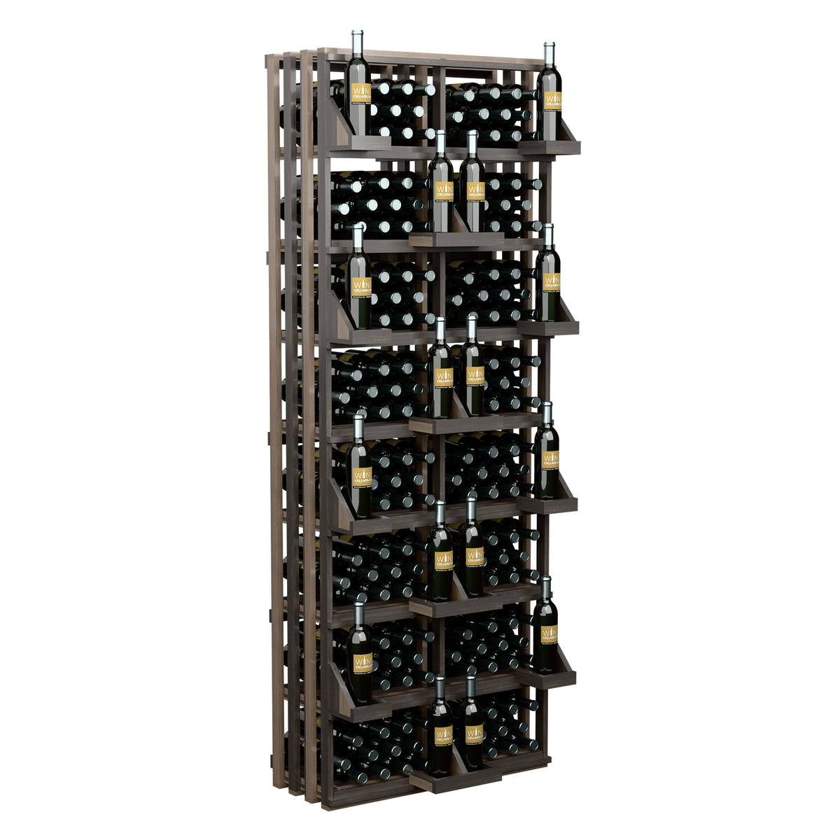 Gray wood wine bottle wall display rack with stacked tier bins for bottles