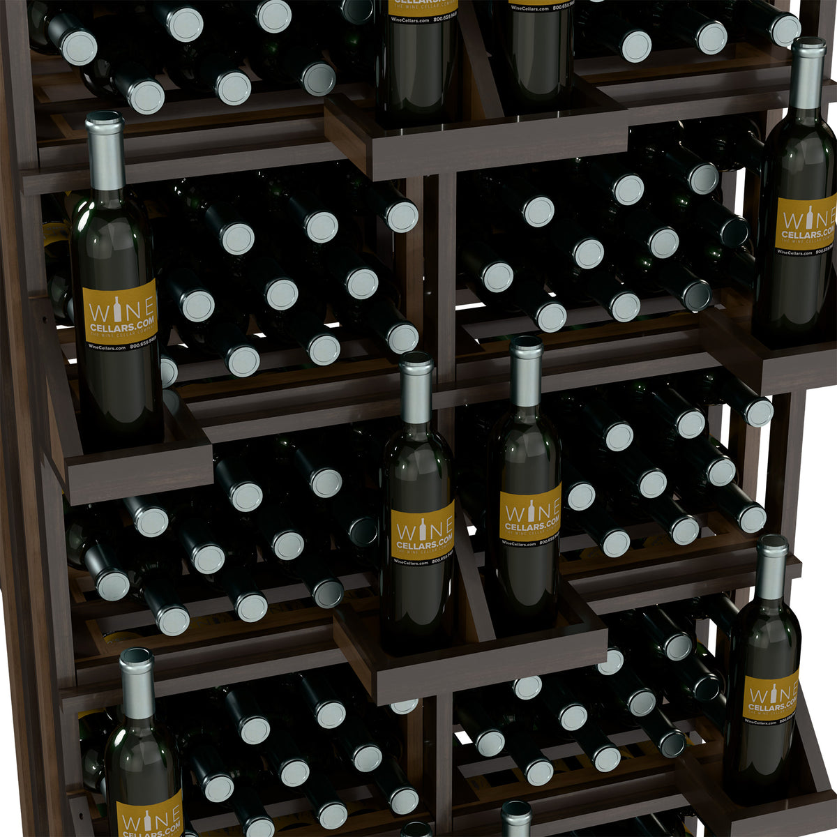 Close-up of wine bottle display bins with black bottles and front label bands