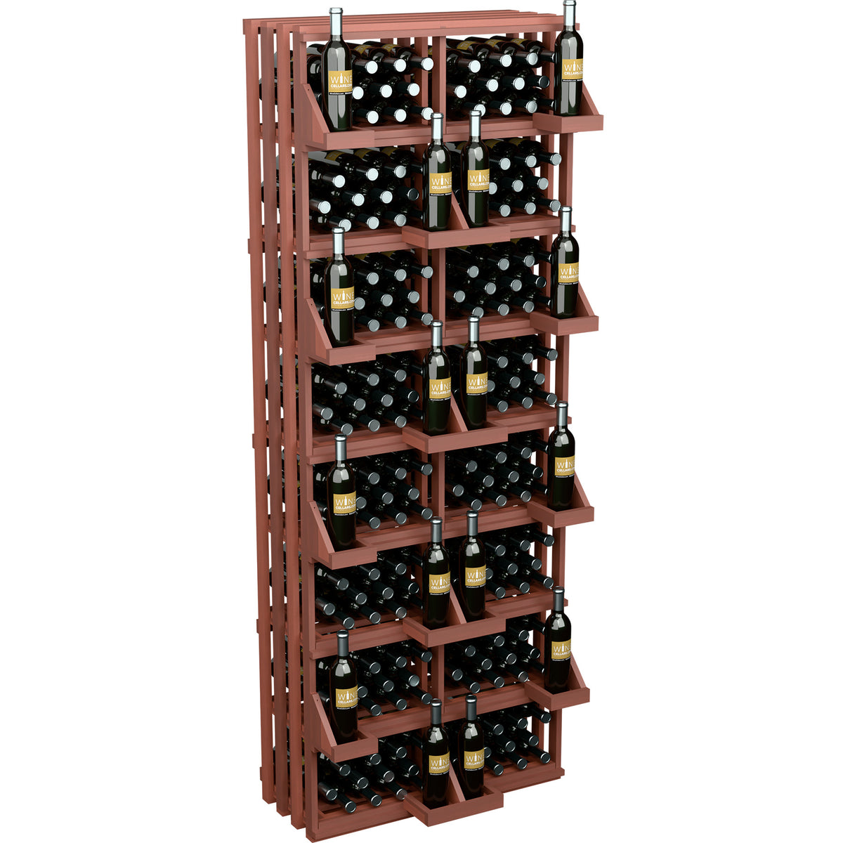 Dark wood wall-mounted wine bottle display with stacked shelves and open bottle compartments