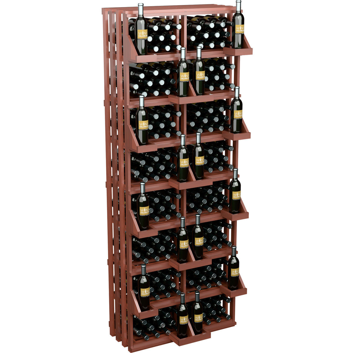 Red-brown wood wine bottle wall display rack with stacked tier bins and bottles