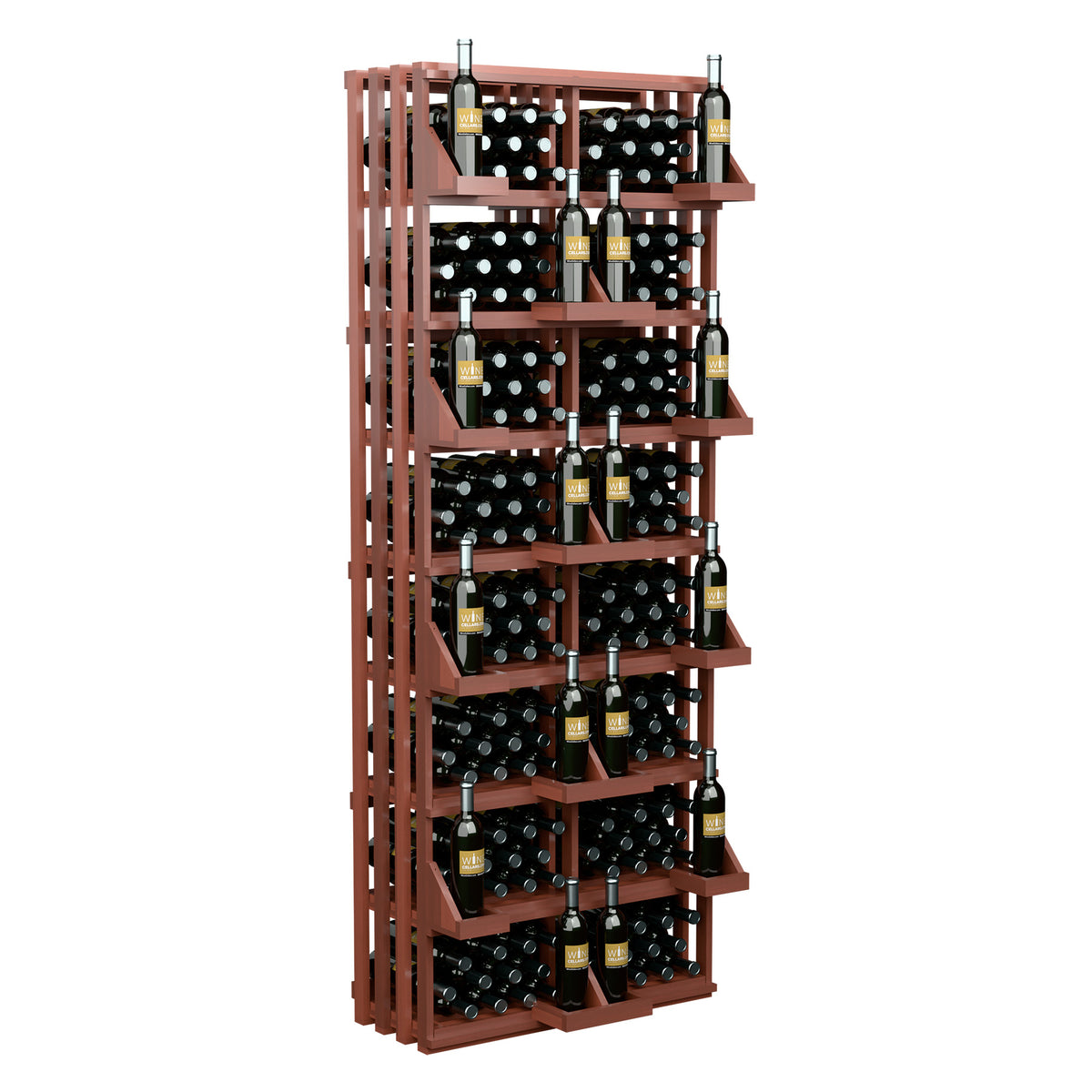 Dark red wood wine bottle wall display rack with multiple shelf tiers and bottles