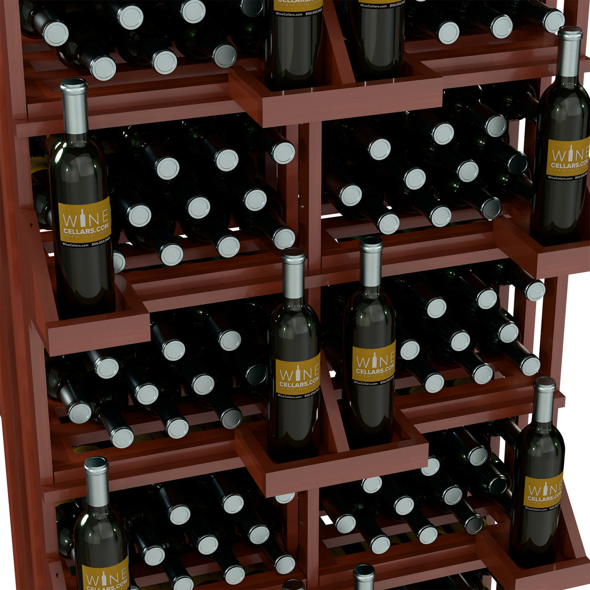 Close-up of wine bottle display rack with red shelves and black bottles