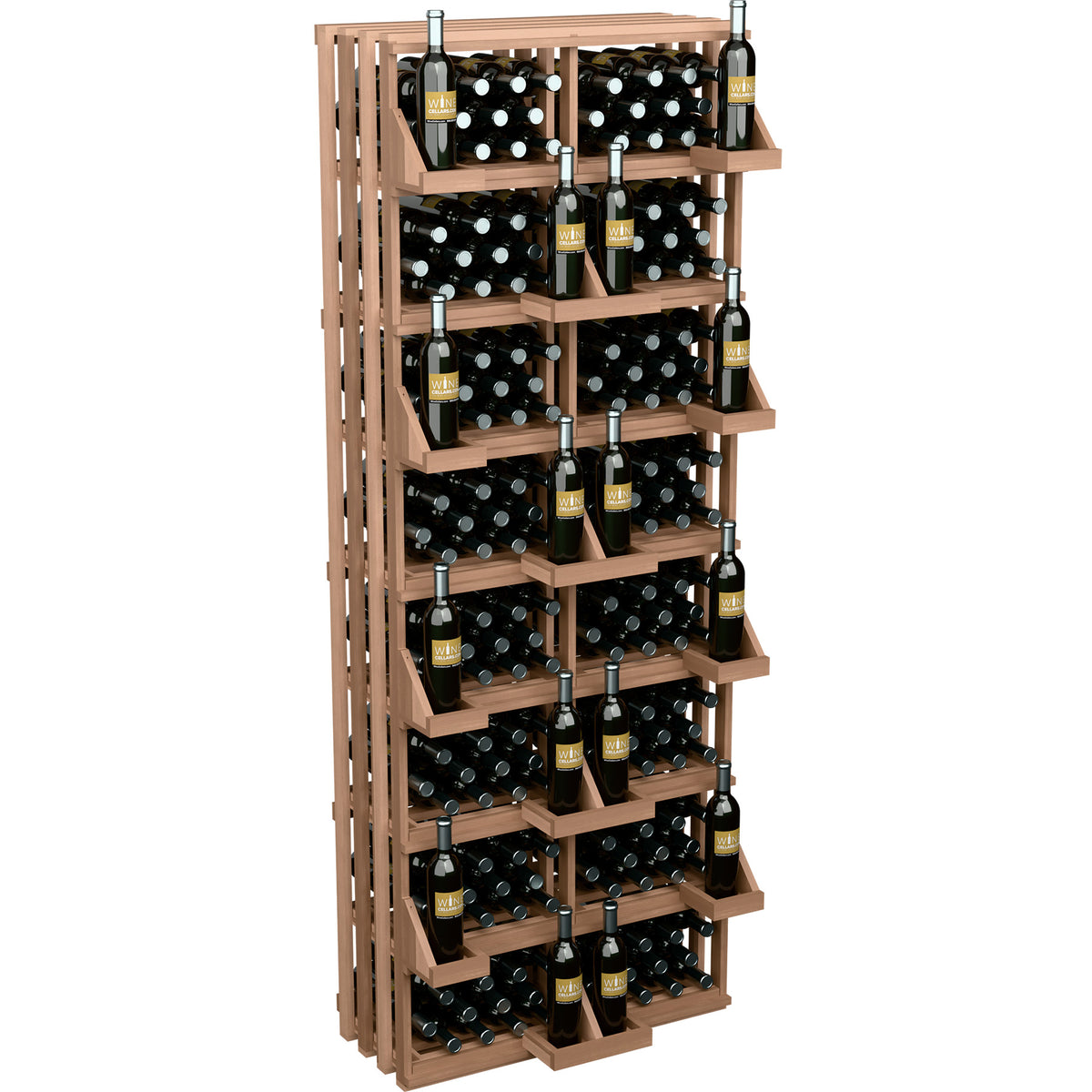 Wood wine bottle wall display rack with slatted frame and multiple bottle shelves