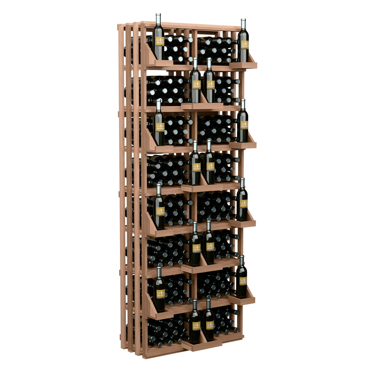 Light wood 208-bottle wall display with tiered wine bottle cradles and bulk bins