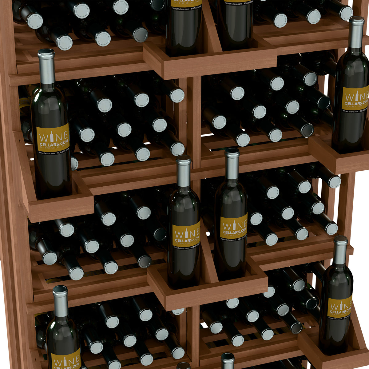 Wood wine bottle wall display with multiple rows of black bottles and bottle necks