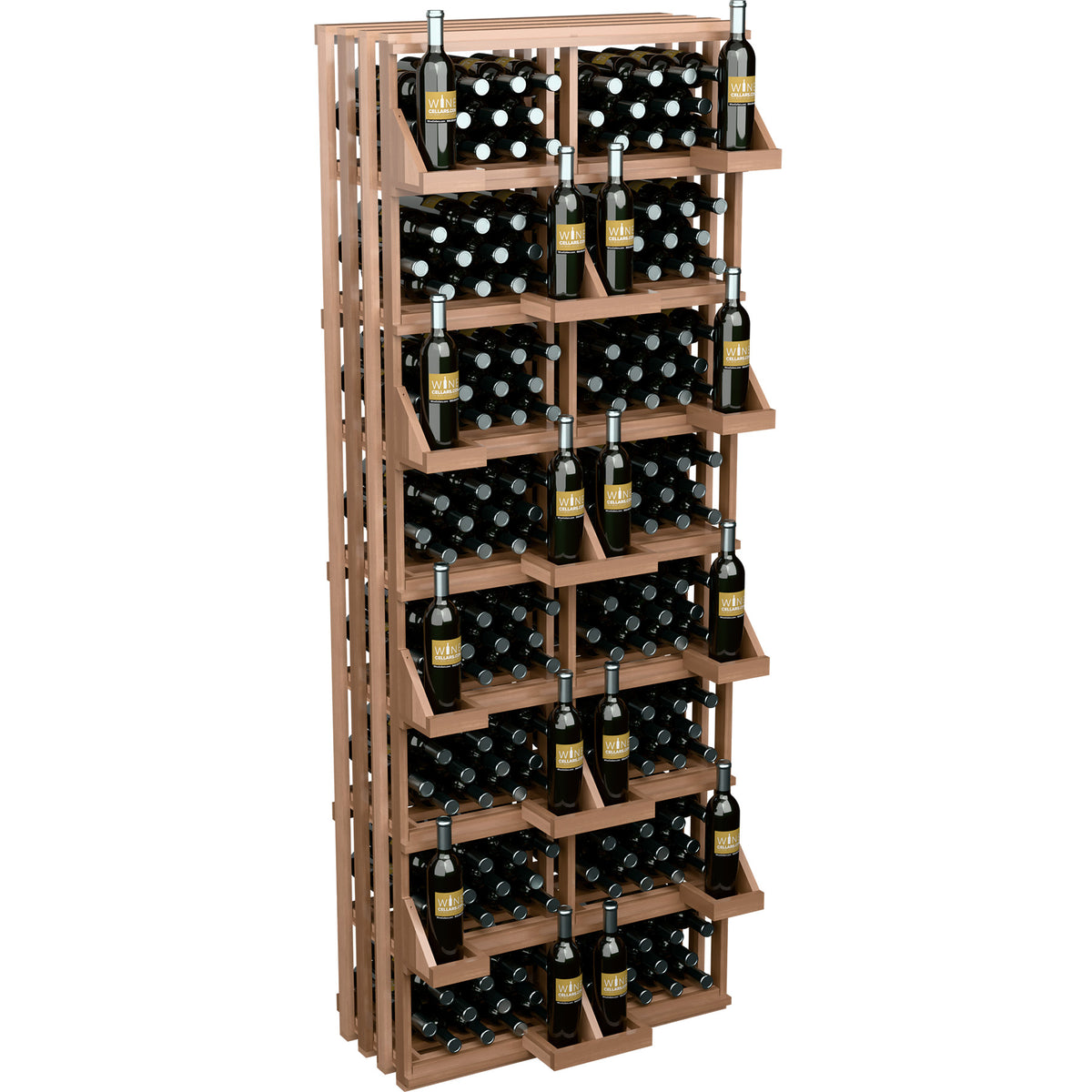 Light wood wine bottle wall display rack with stacked tier bins and bottle necks