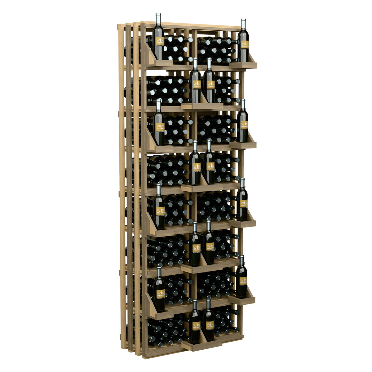 Commercial wall bottle display rack with black grid bins and stacked wine bottles, natural wood frame