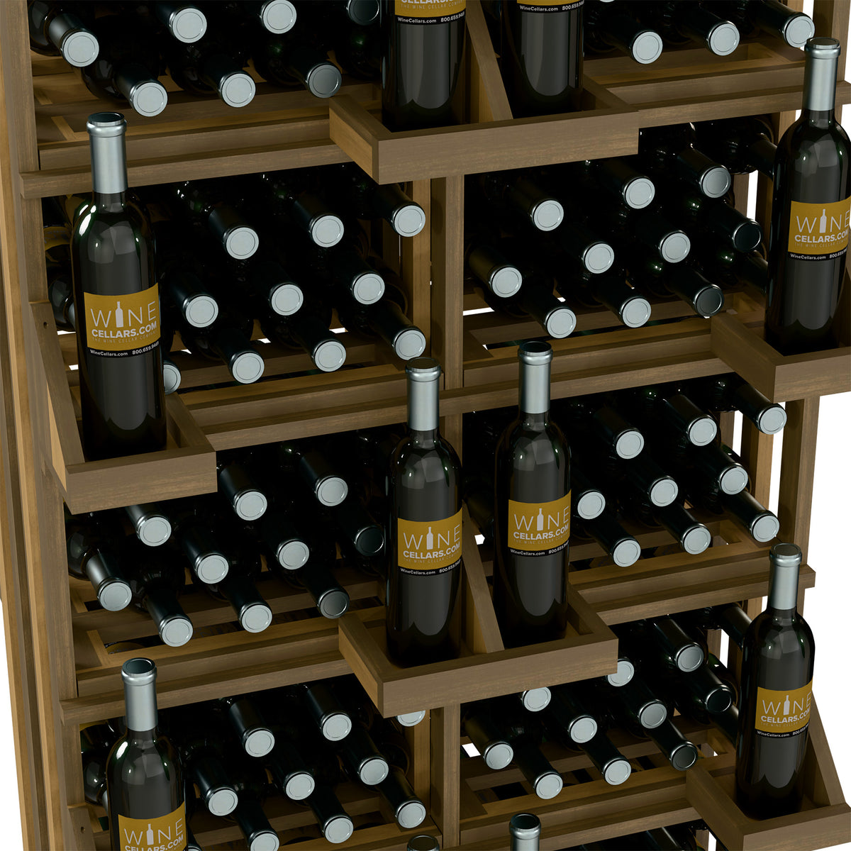Light wood wine bottle rack detail with tiered compartments and bottle holders