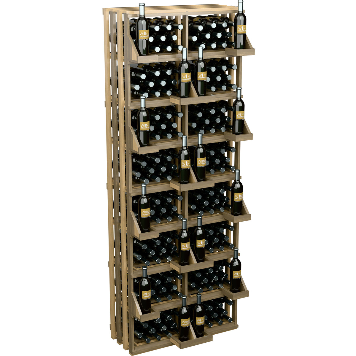 Light wood wine bottle wall display rack with stacked tier bins and bottle storage