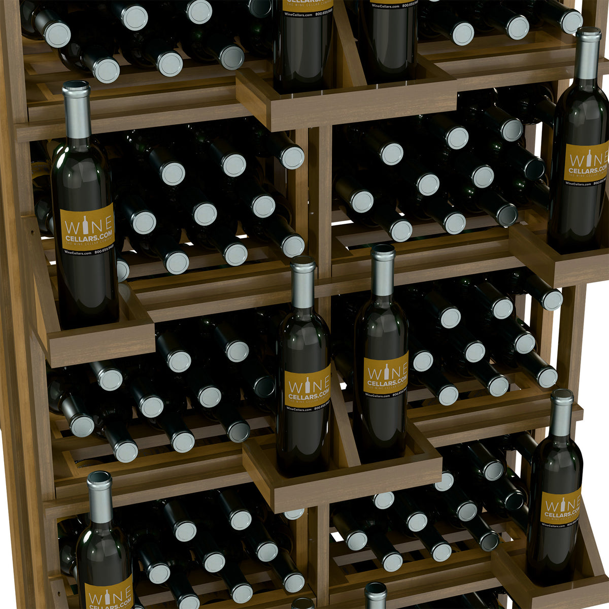 Wine bottle wall display close-up: light wood shelves with dark bottles and bottle holes