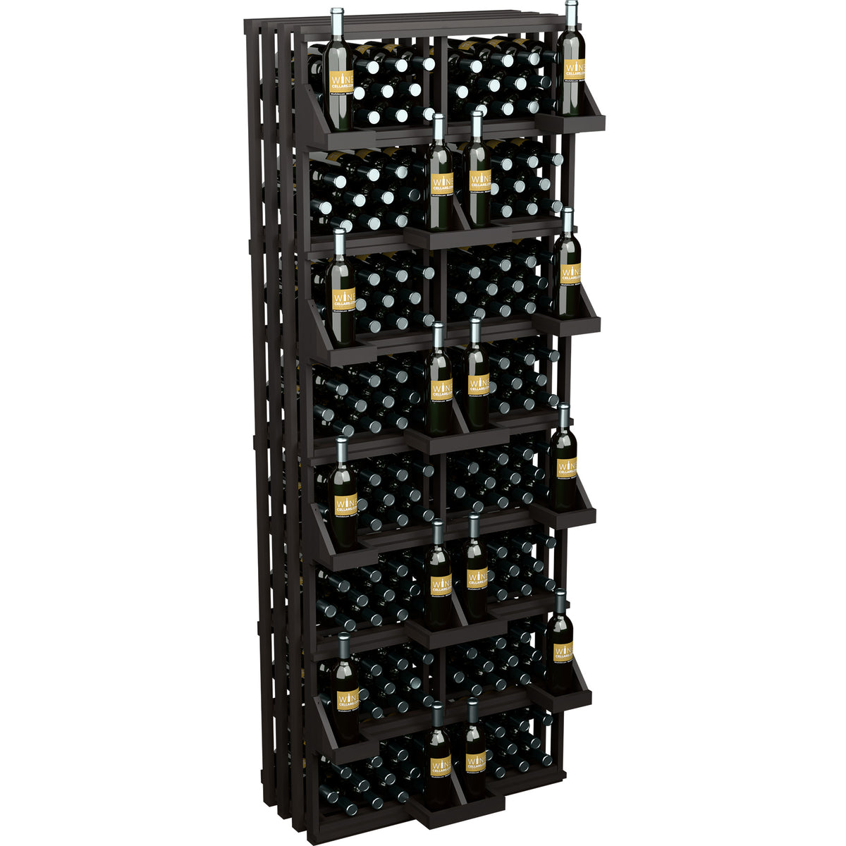Black multi-tier wine bottle rack with open frame and bottles on each shelf