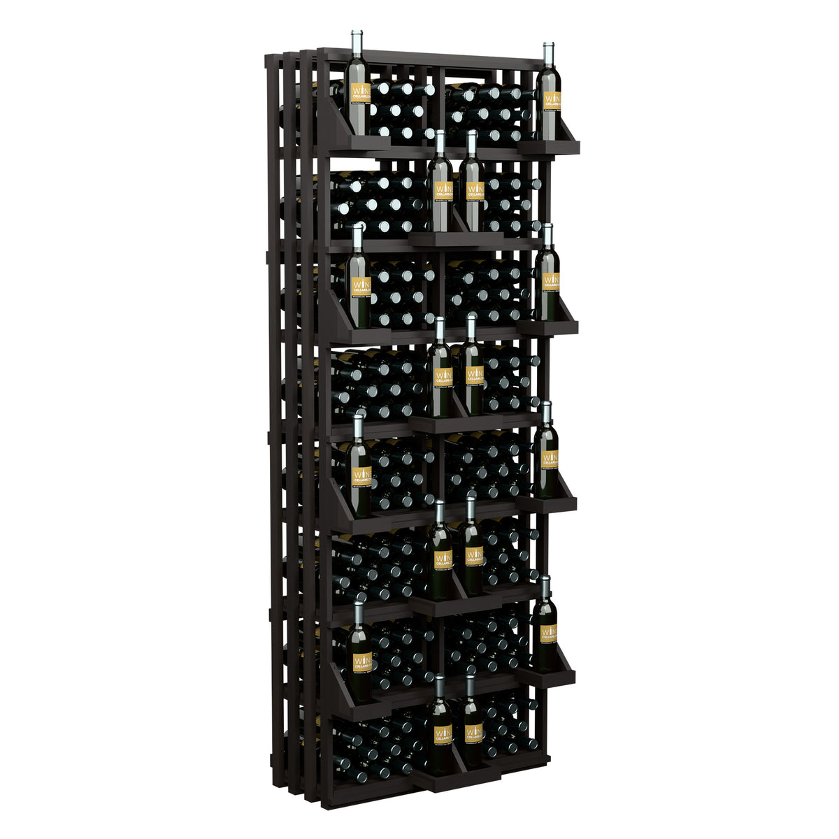 Black wine bottle display rack with stacked shelves holding multiple bottles