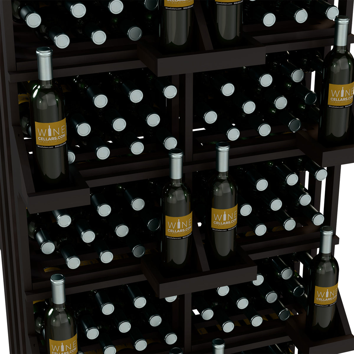 Dark stained wooden wine bottle wall display rack with multiple bottle cubbies