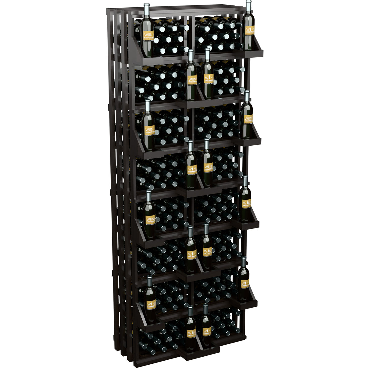 Wine bottle wall display with bulk bins, dark wood finish and rows of wine bottles