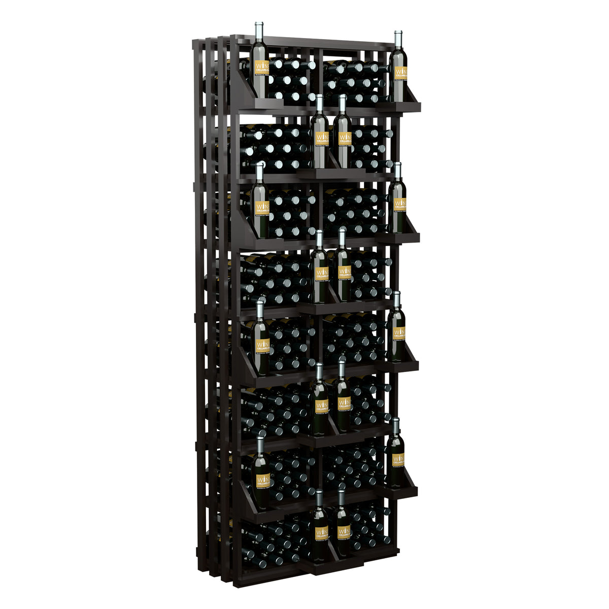 Wine bottle wall display with bulk bins, dark stained frame holding bottles in staggered rows