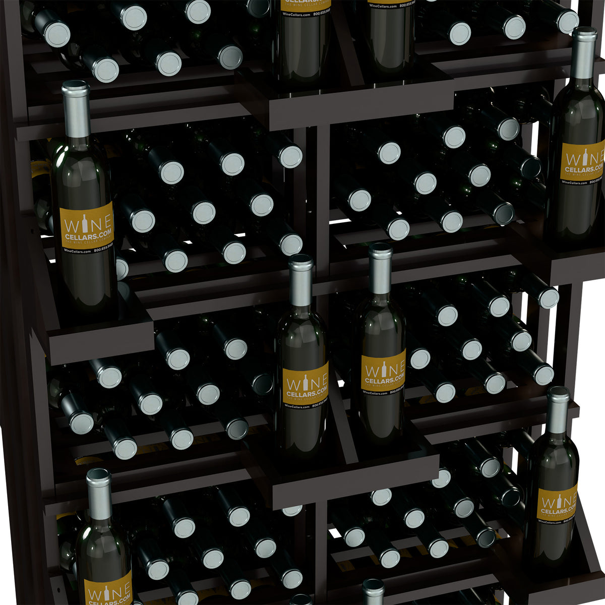 Wine bottle wall display close-up: dark wood shelves with bottles seated in bottle openings