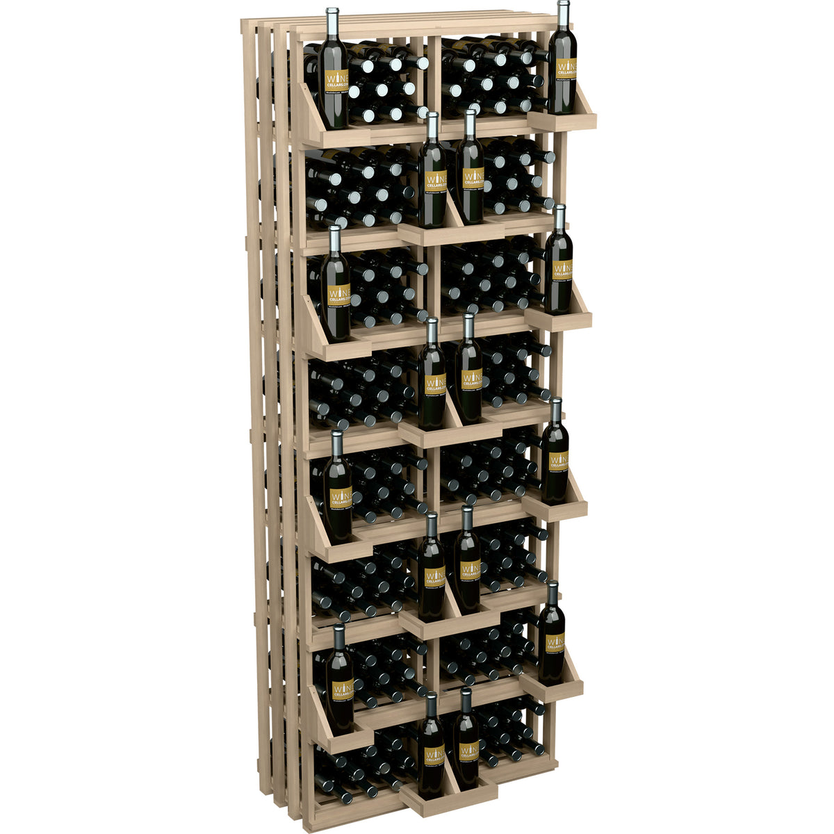 Commercial wall bottle display rack angled view with black grid bins and wine bottles, light wood frame
