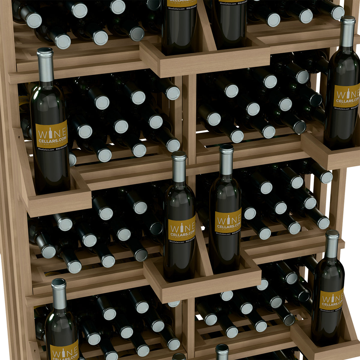 Wood wine bottle rack close-up showing bulk bins with bottles arranged in rows