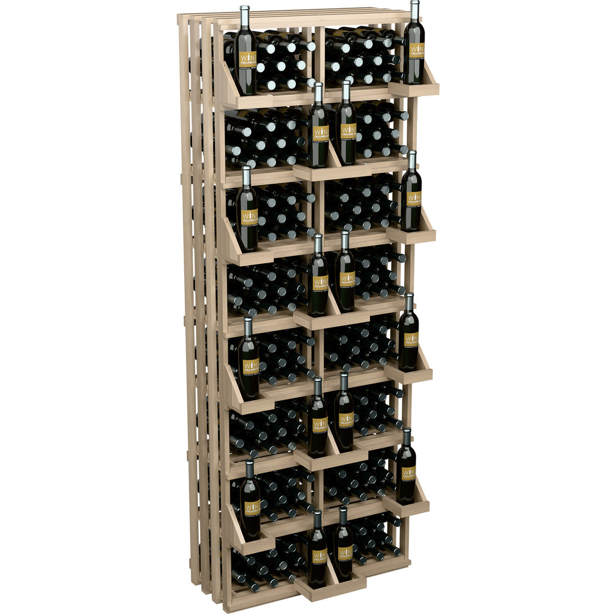 Wine bottle wall display with bulk bins, light wood frame with multiple bottle rows