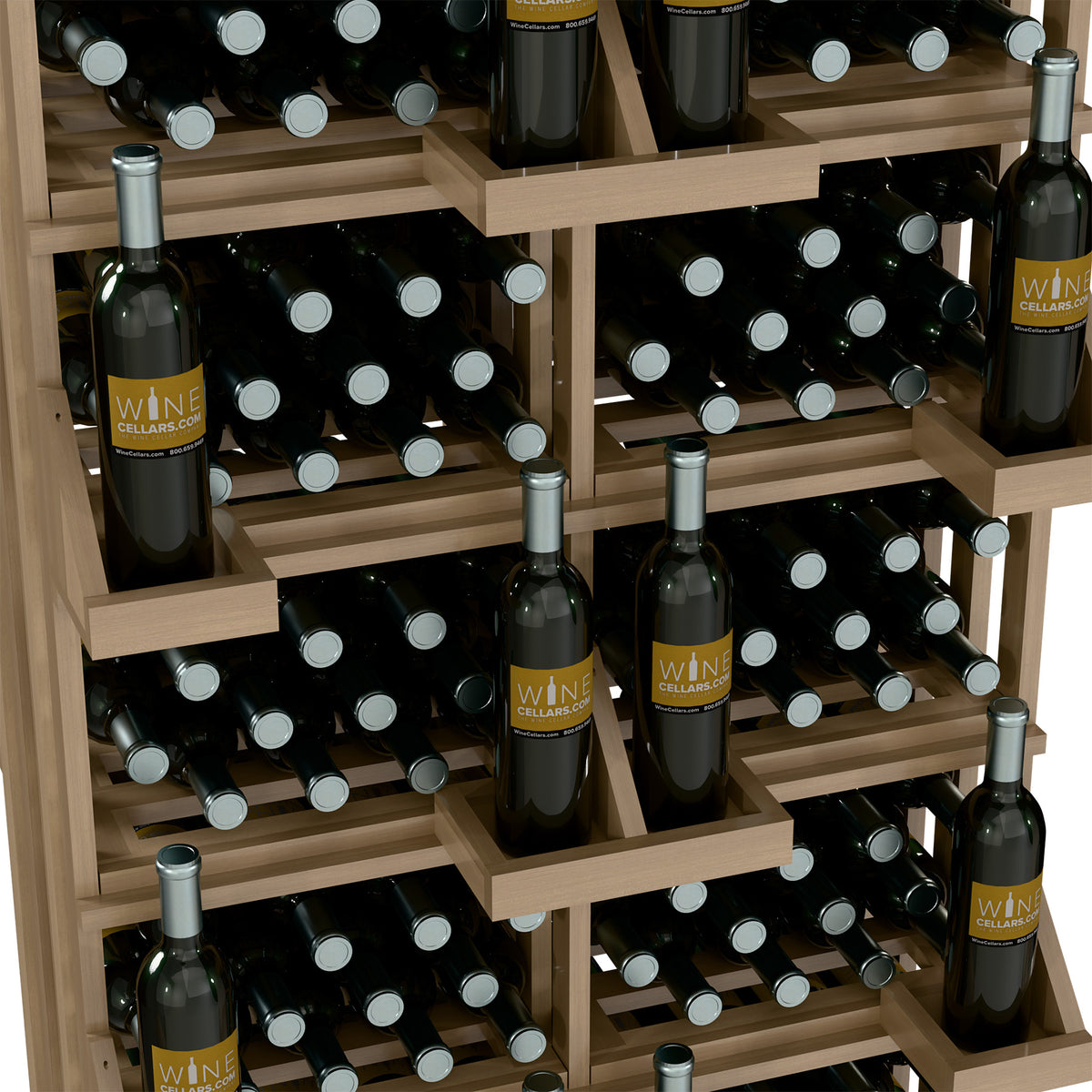 Wine bottle wall display close-up: light wood shelves packed with dark wine bottles