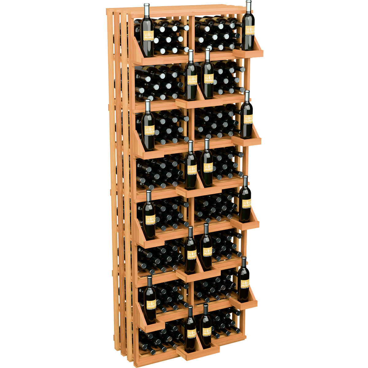Wood wine bottle wall display with tiered shelves holding multiple bottles in compartments