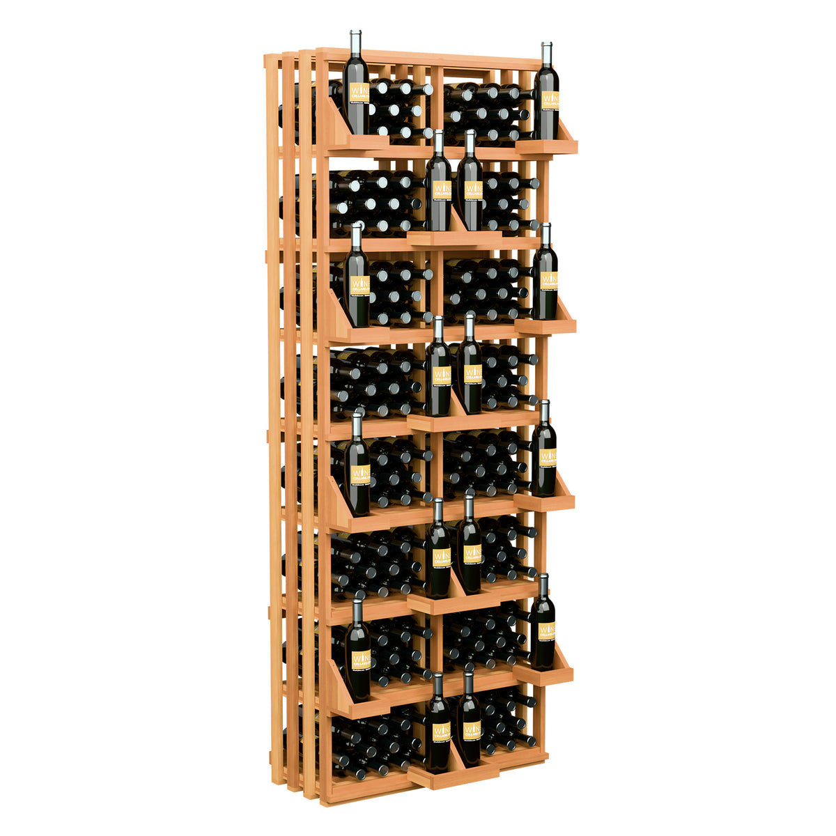 Wood wine bottle wall display rack with multiple shelves holding dark wine bottles