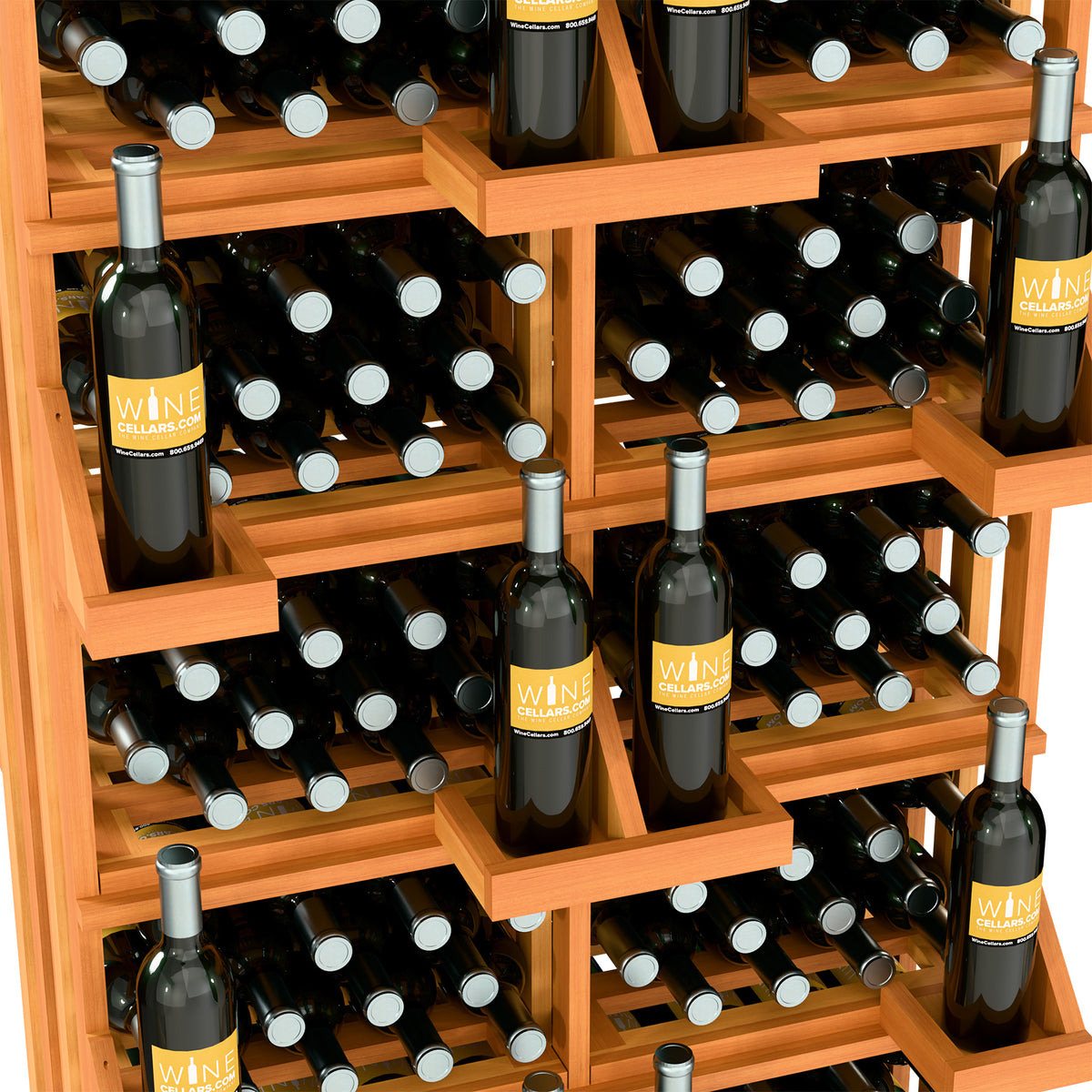 Wood wine bottle rack close-up with three-tier shelves and bottles in bottle holders