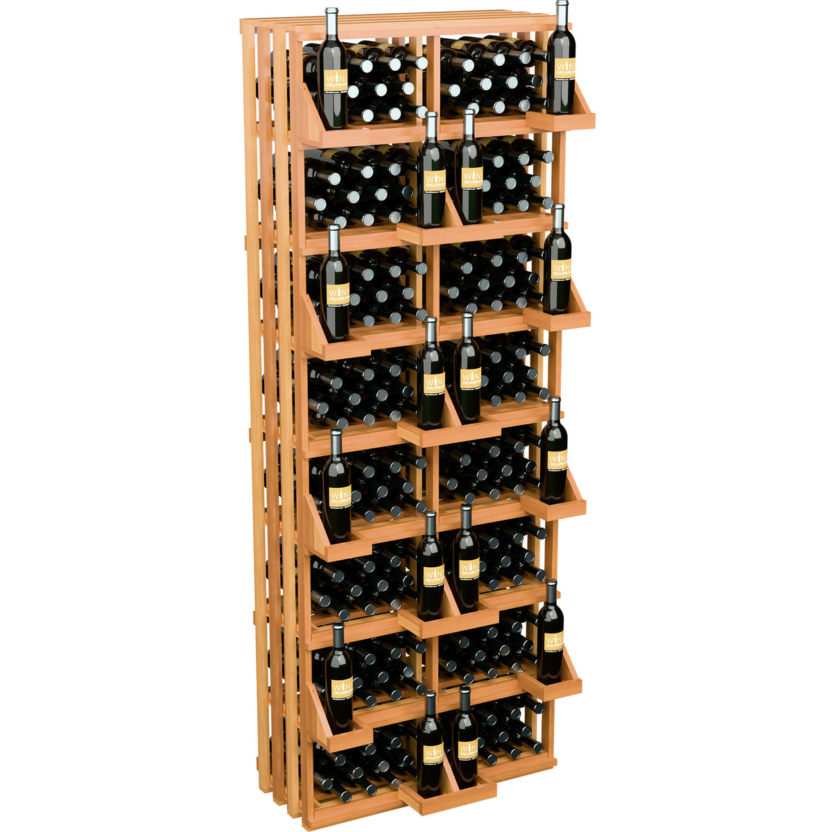 Wine bottle wall display with bulk bins, angled view of light wood rack and bottles