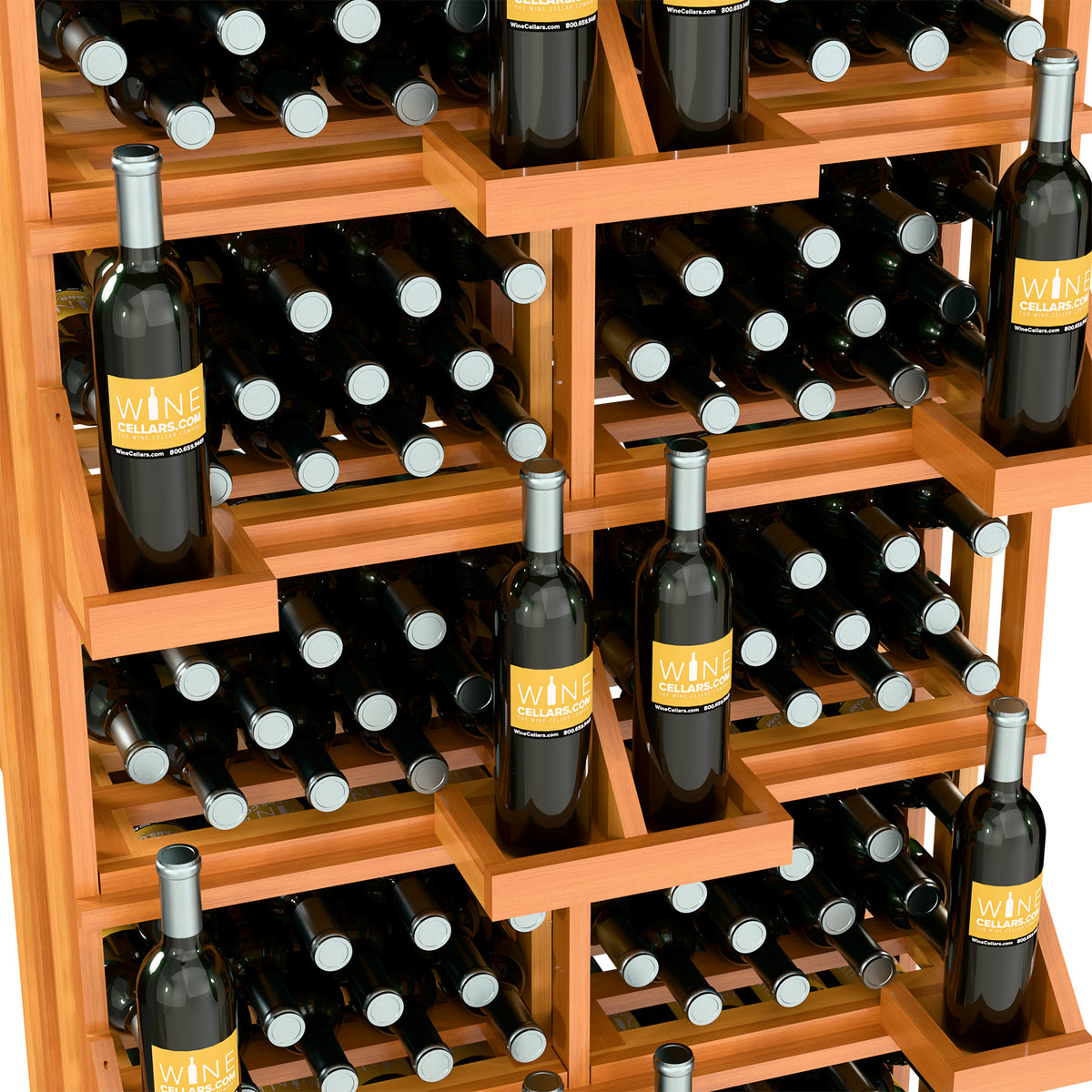 Wooden multi-tier wine bottle display with front bulk bins, holding assorted dark bottles