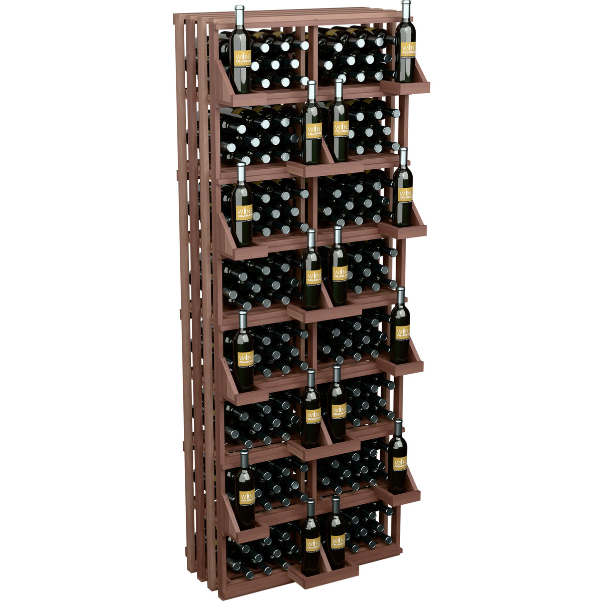 Wood wine bottle wall display with tiered shelves and angled bottle storage compartments