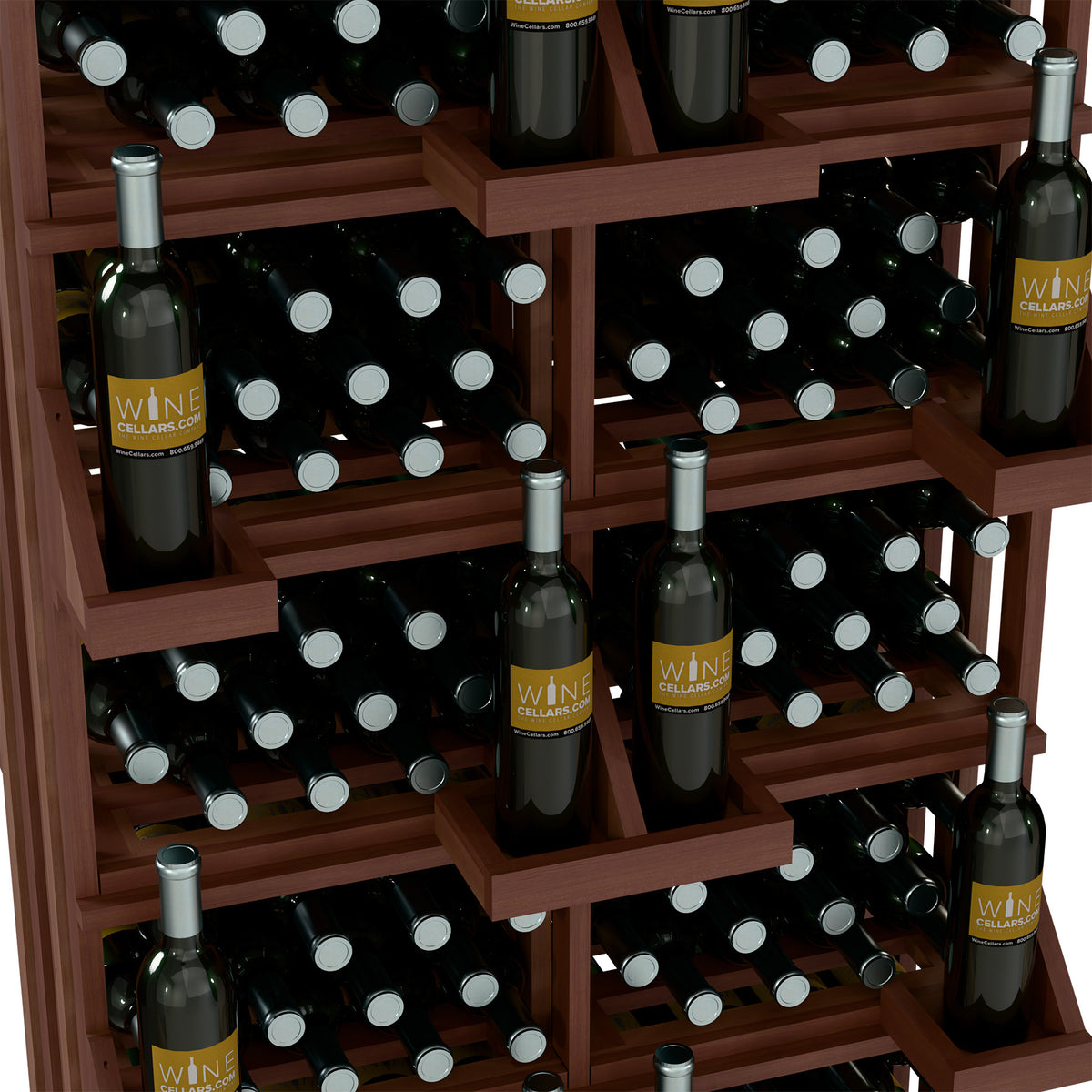 Wood wine bottle rack close-up with nested shelves and bottle bottles stored in rows