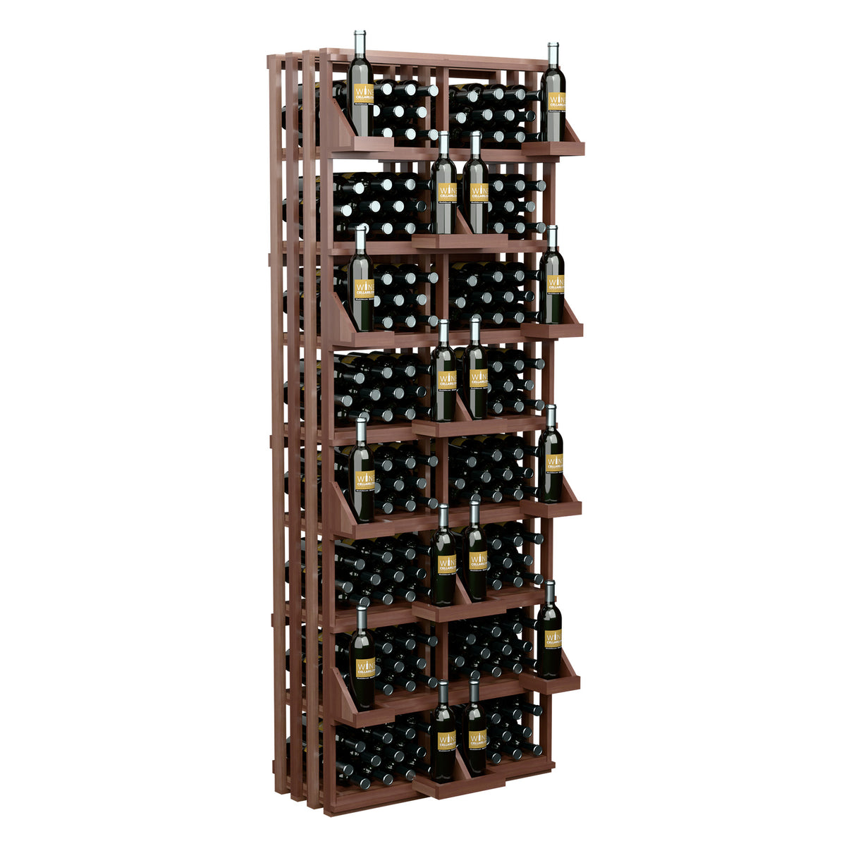 Dark brown wooden wine bottle display rack with multiple rows and bottle storage bins