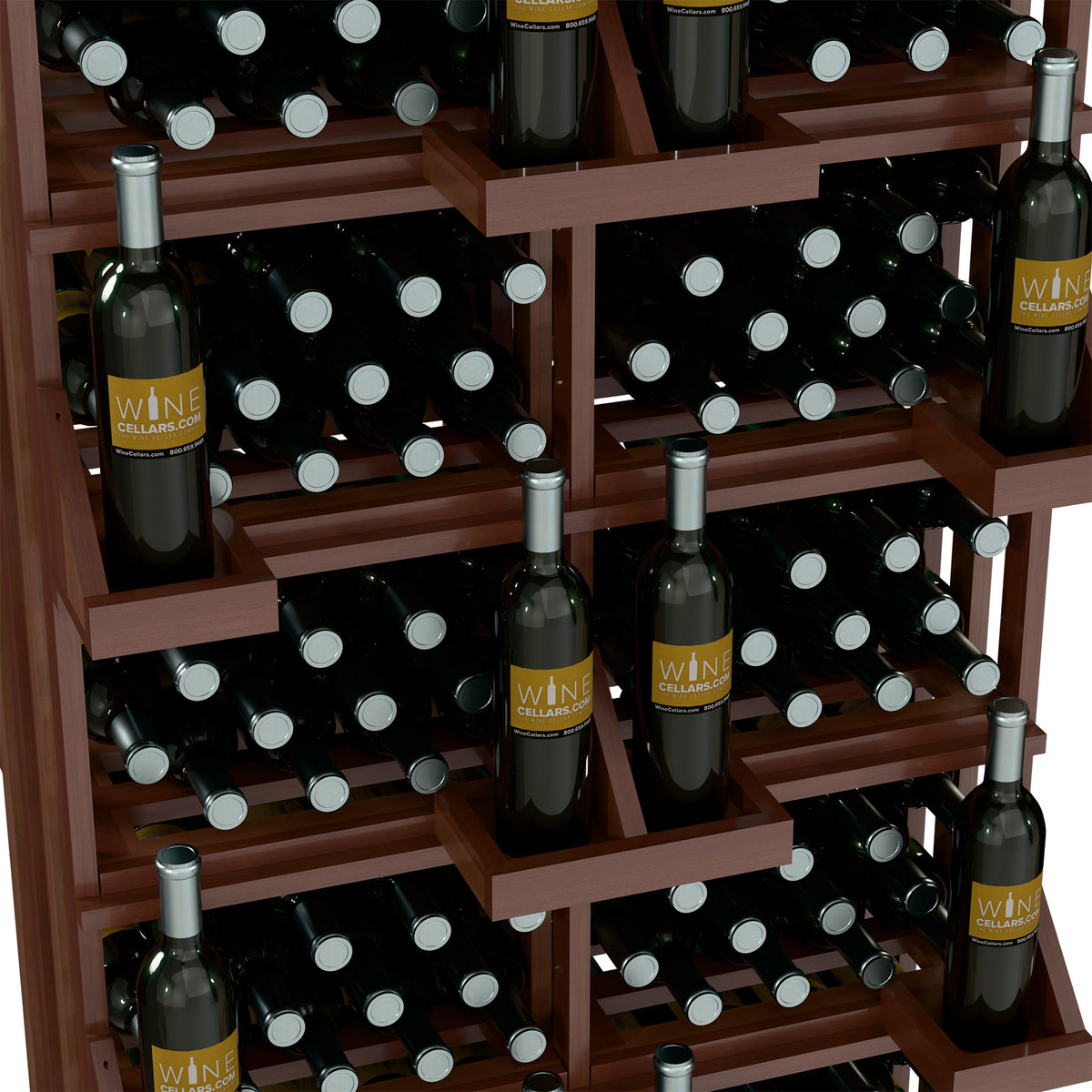 Light wood wine bottle display unit with stacked bins and assorted dark wine bottles
