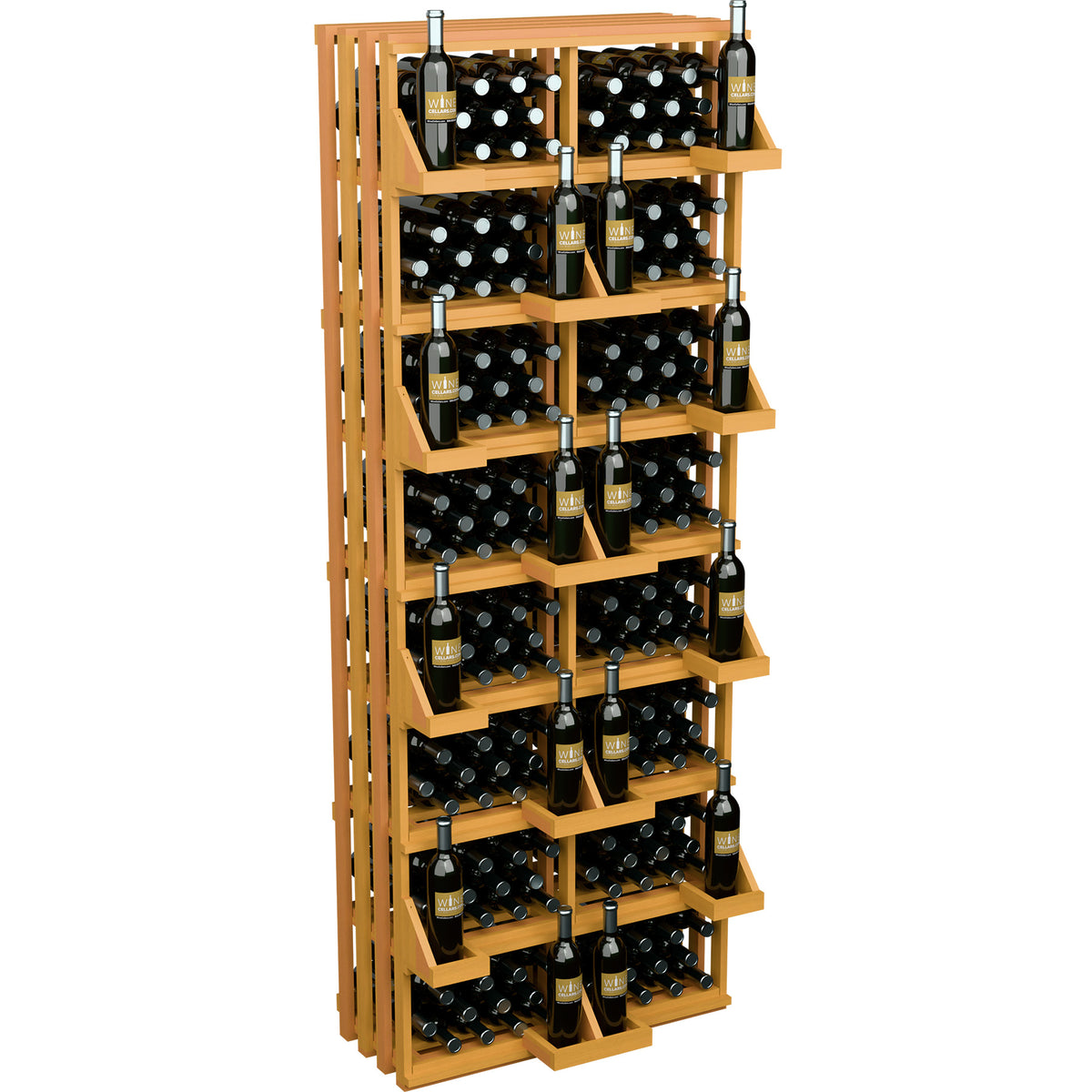 Wooden wine bottle wall display with multiple shelf levels for bulk bottle storage
