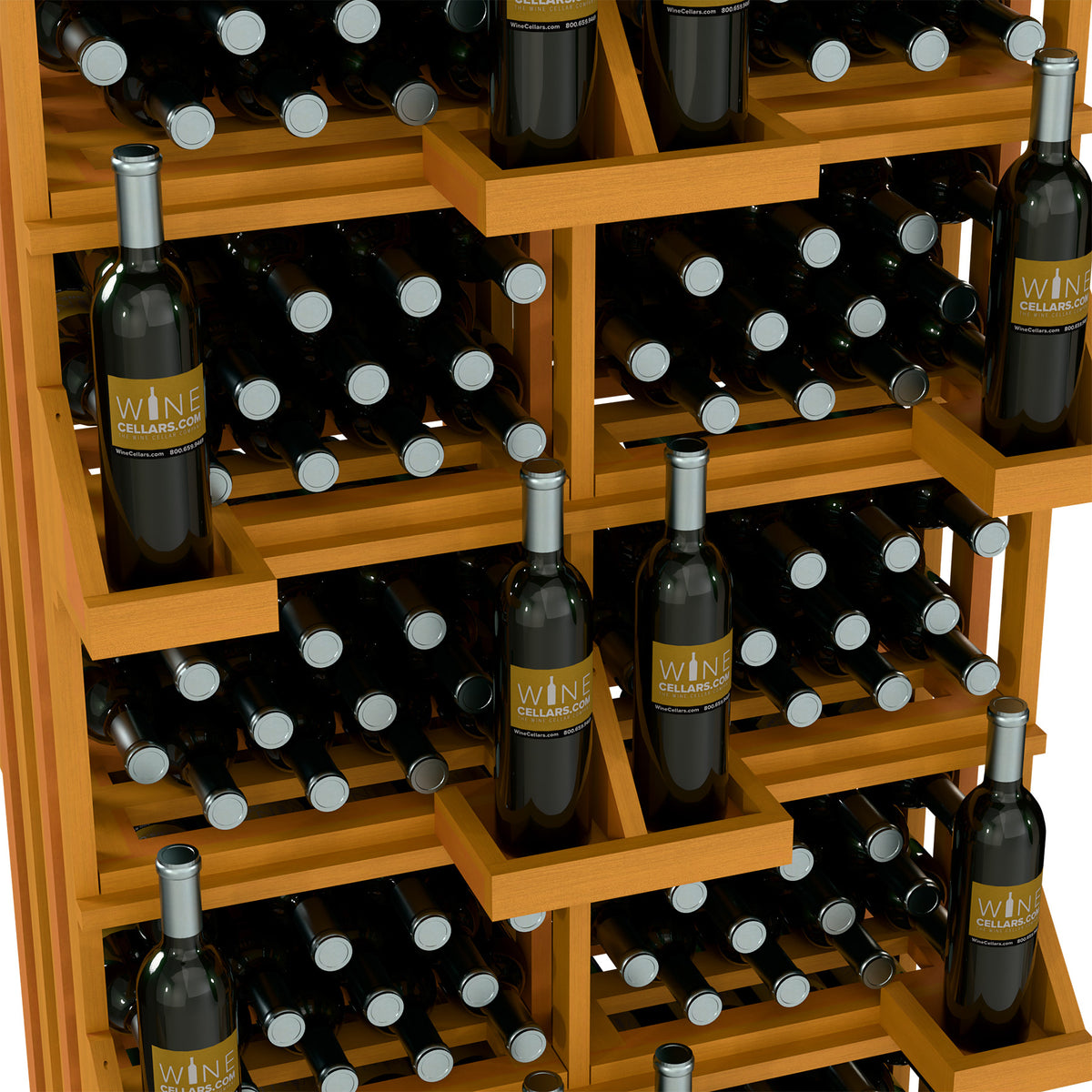 Wood wine bottle rack close-up of tiered shelves storing bottles in organized rows