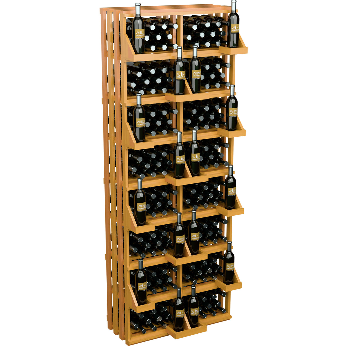 Light wood multi-tier wine bottle display with front bulk bins and rows of bottles