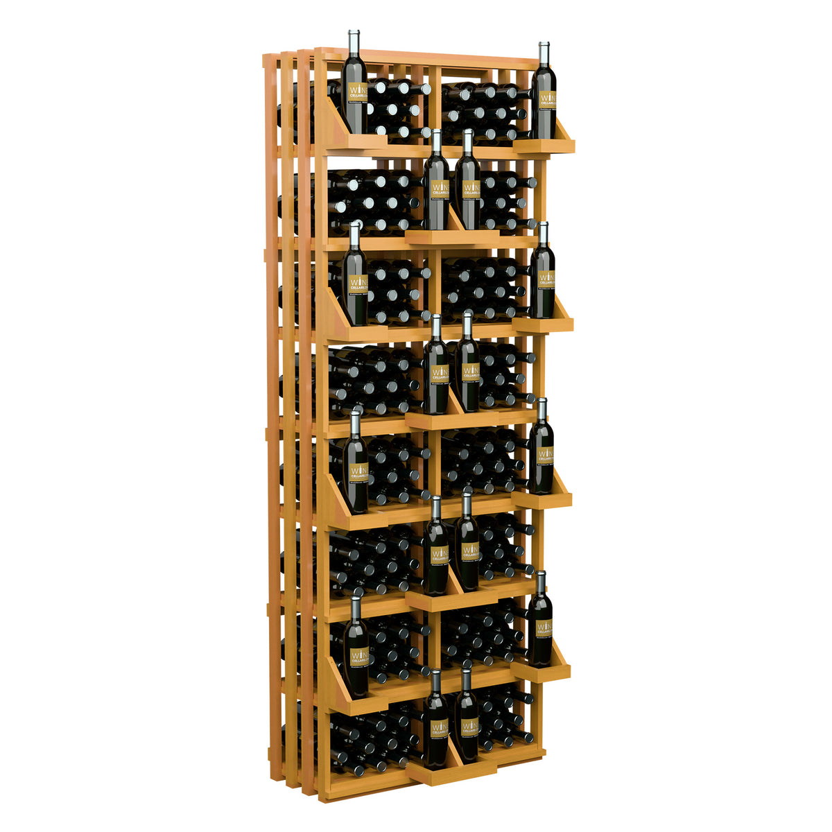 Light wood wine storage wall rack with multiple shelves and bottle bins filled with wine