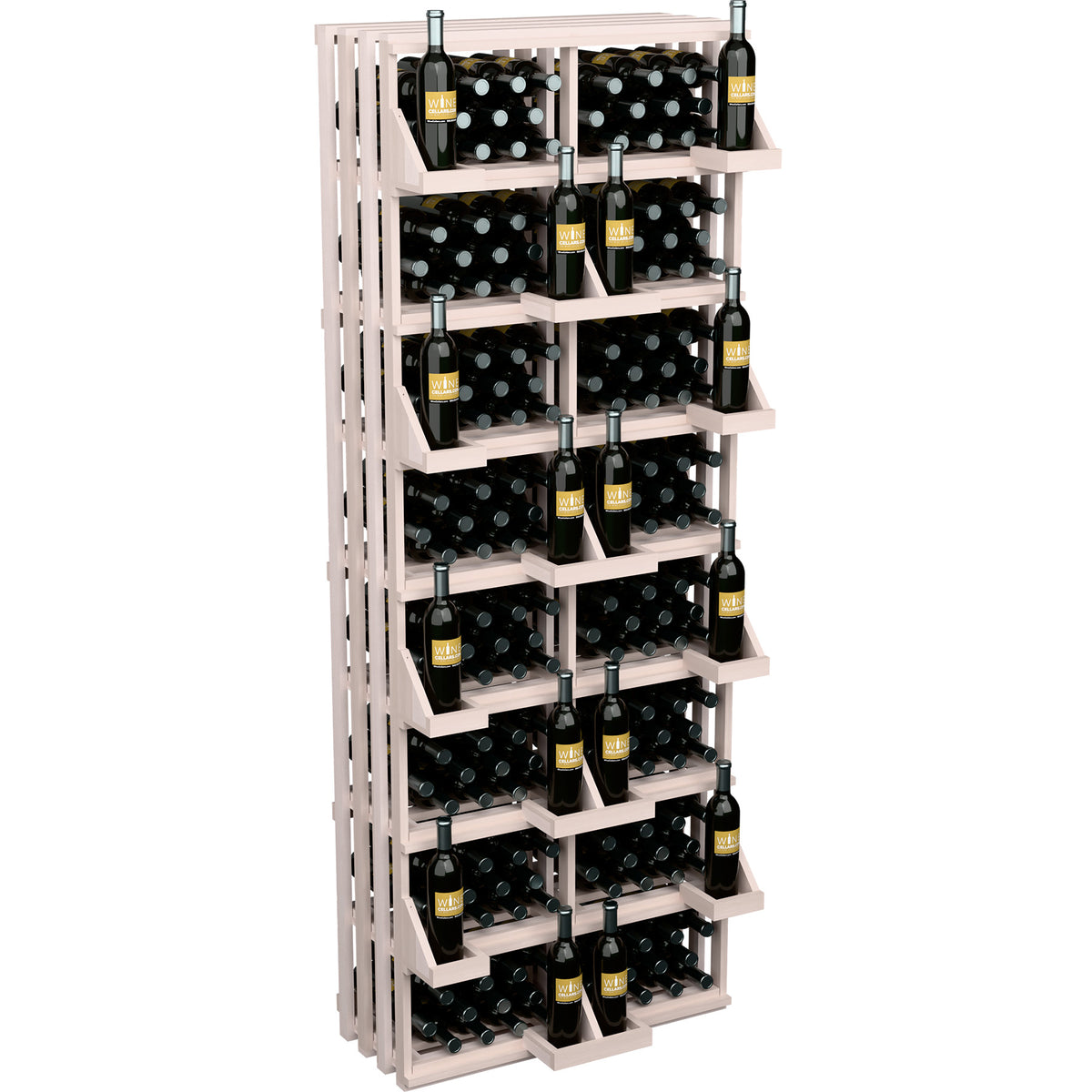 Vertical wooden wine bottle display rack with open slots and assorted wine bottles