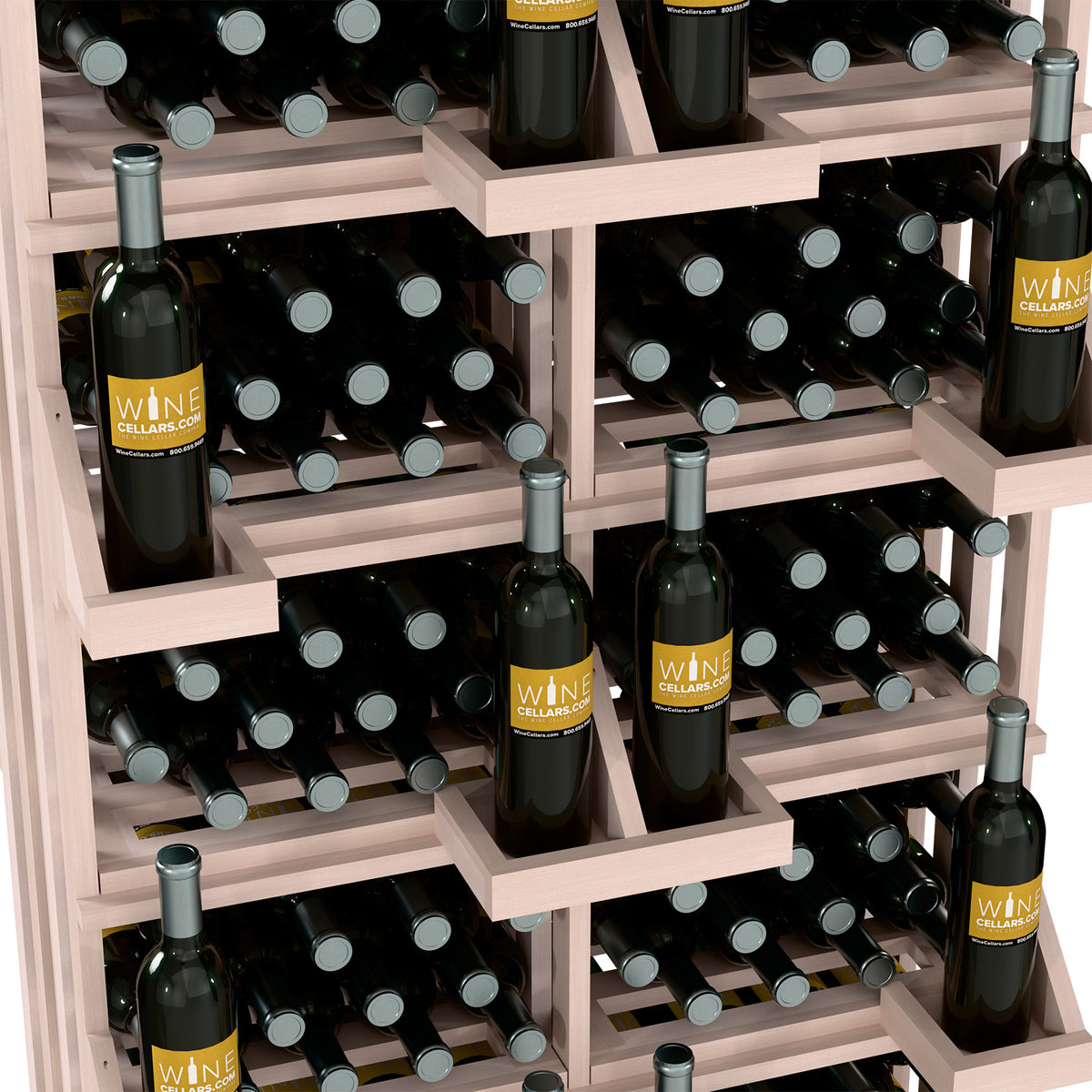 Light wood wine bottle rack close-up with nested bins and bottles on tiered shelves