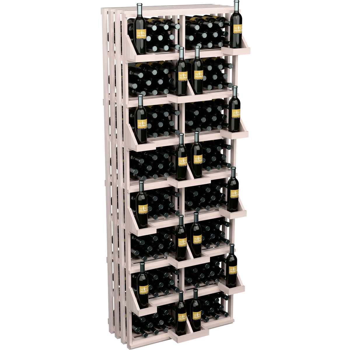 White-washed wooden wine rack with multi-tier shelves and bottle bins filled with wine
