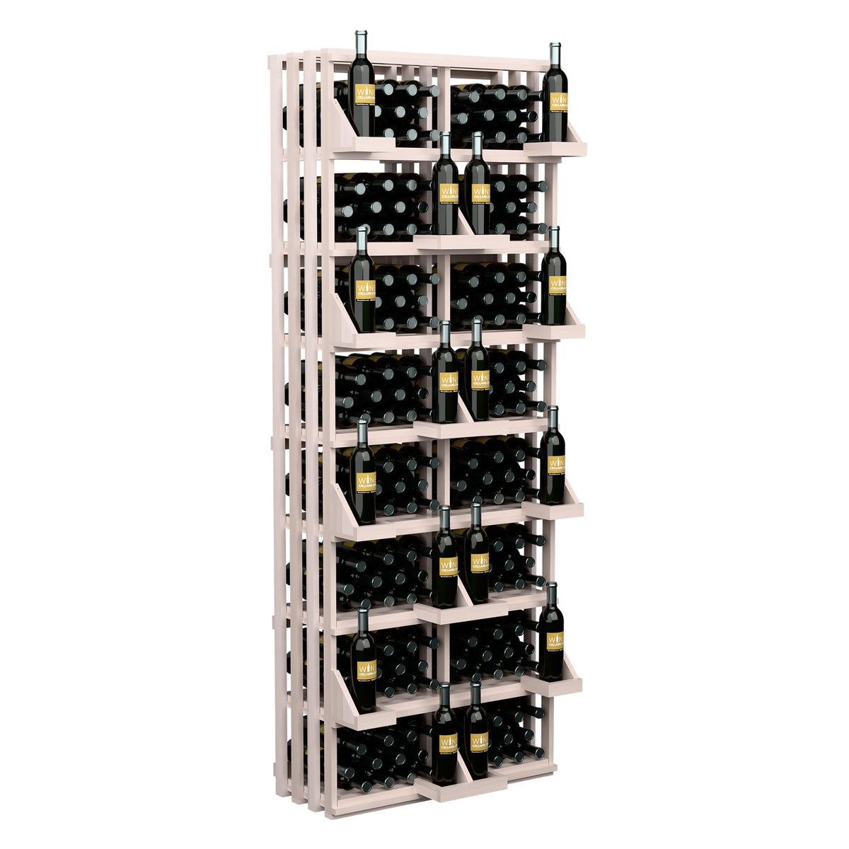 White wooden multi-tier wine bottle display rack with stacked bottle bins