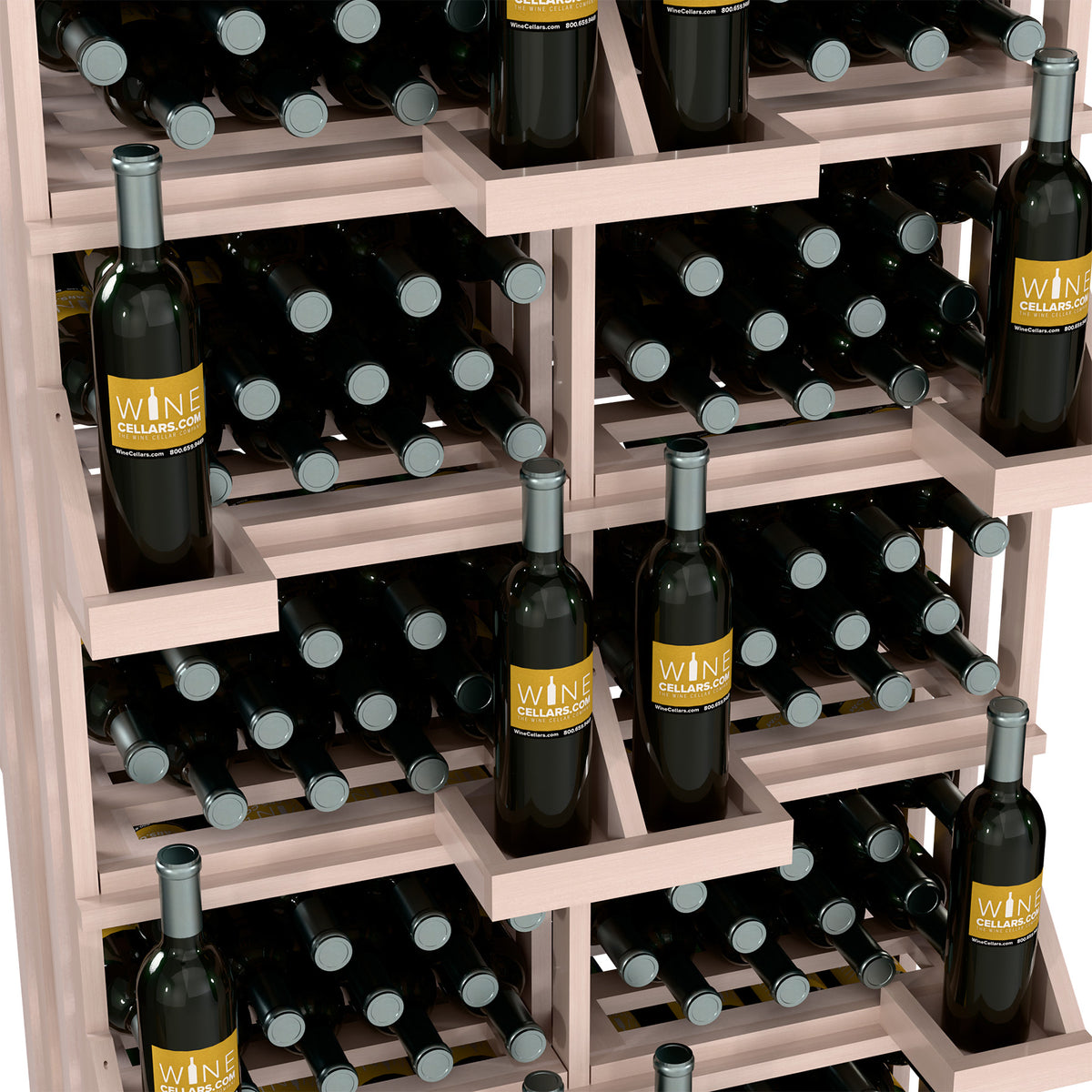 White-washed wine bottle display wall unit with front bins and rows of dark bottles