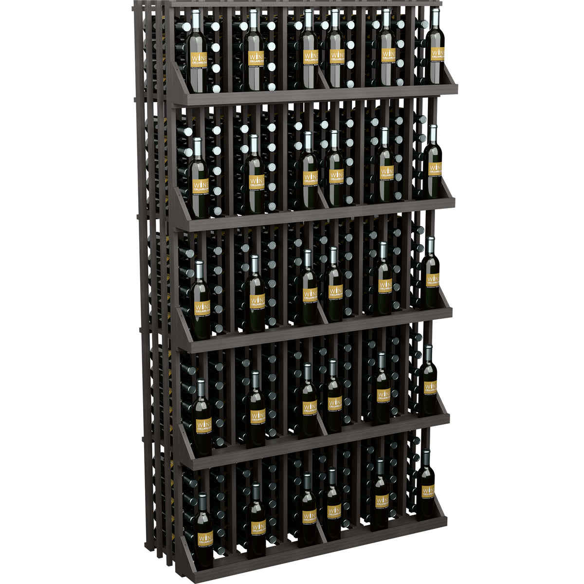 Dark 5-shelf wine bottle display rack with front bottles and slatted frame.