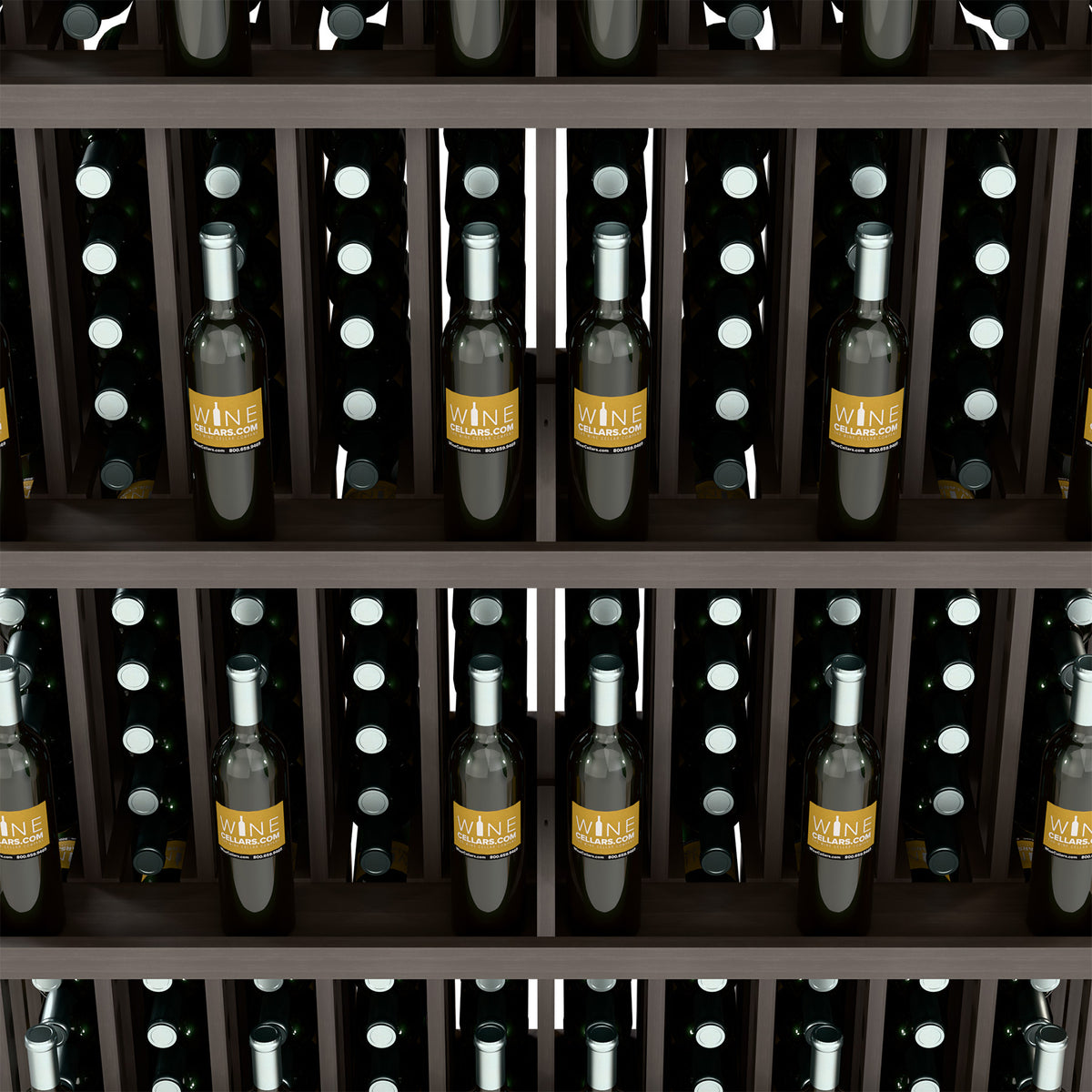Brown 5-shelf wine bottle display showing multiple bottle rows